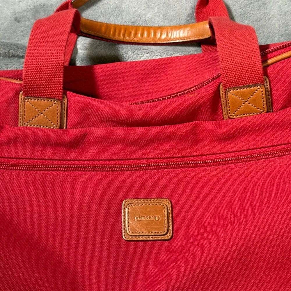Lands End Red Canvas Duffle Bag Leather Trim Travel Carry On Weekender Luggage